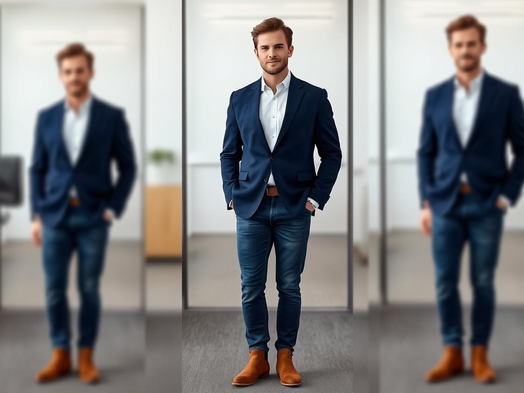 Man wearing navy unstructured blazer with dark wash jeans and white shirt - best business casual men outfits
