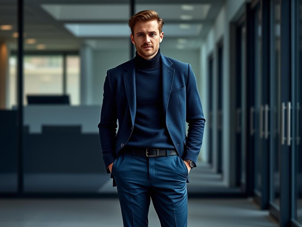 Man wearing all-navy outfit with different textures and minimal leather sneakers - best business casual men outfits