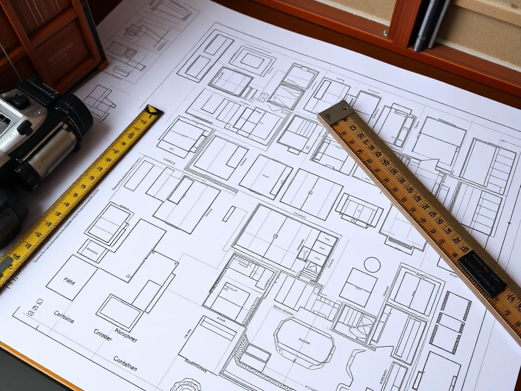 Blueprint and plans for a shipping container home with measurements