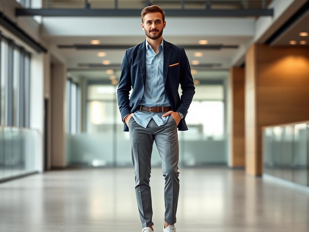 Man wearing navy blazer with gray trousers and minimal white leather sneakers - best business casual men outfits