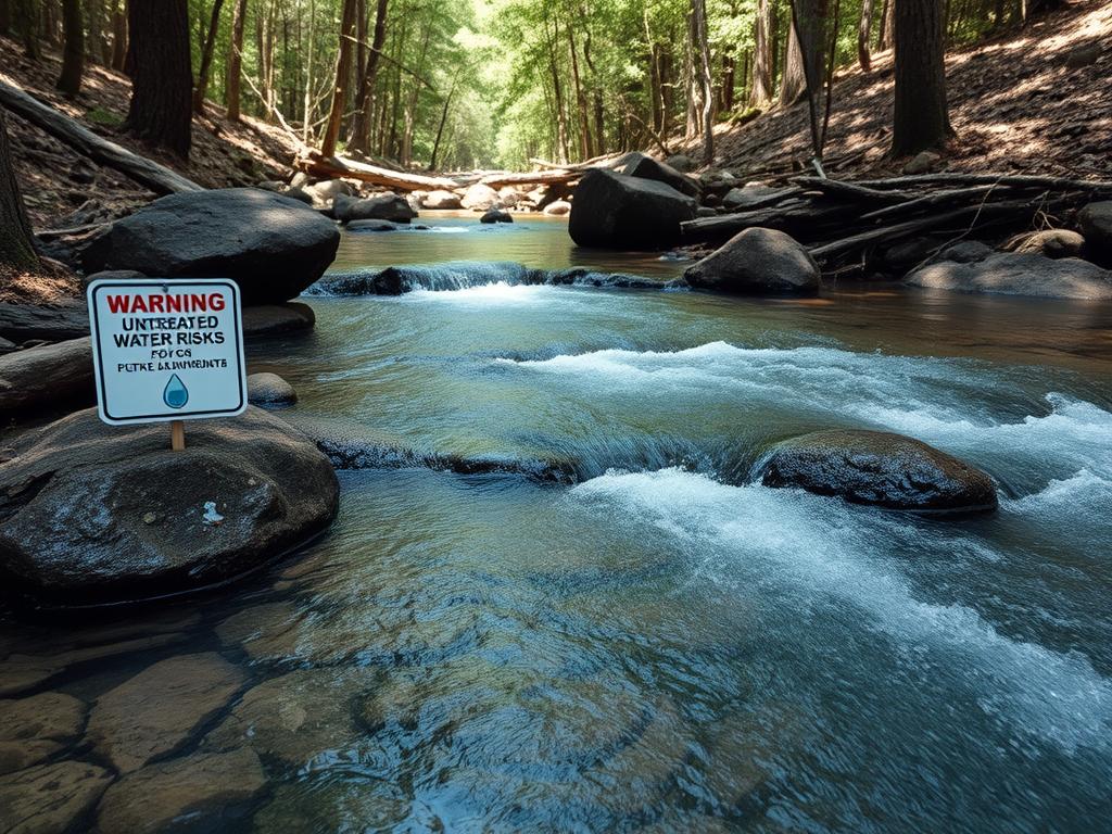 Natural spring with warning about drinking water safety risks from untreated water