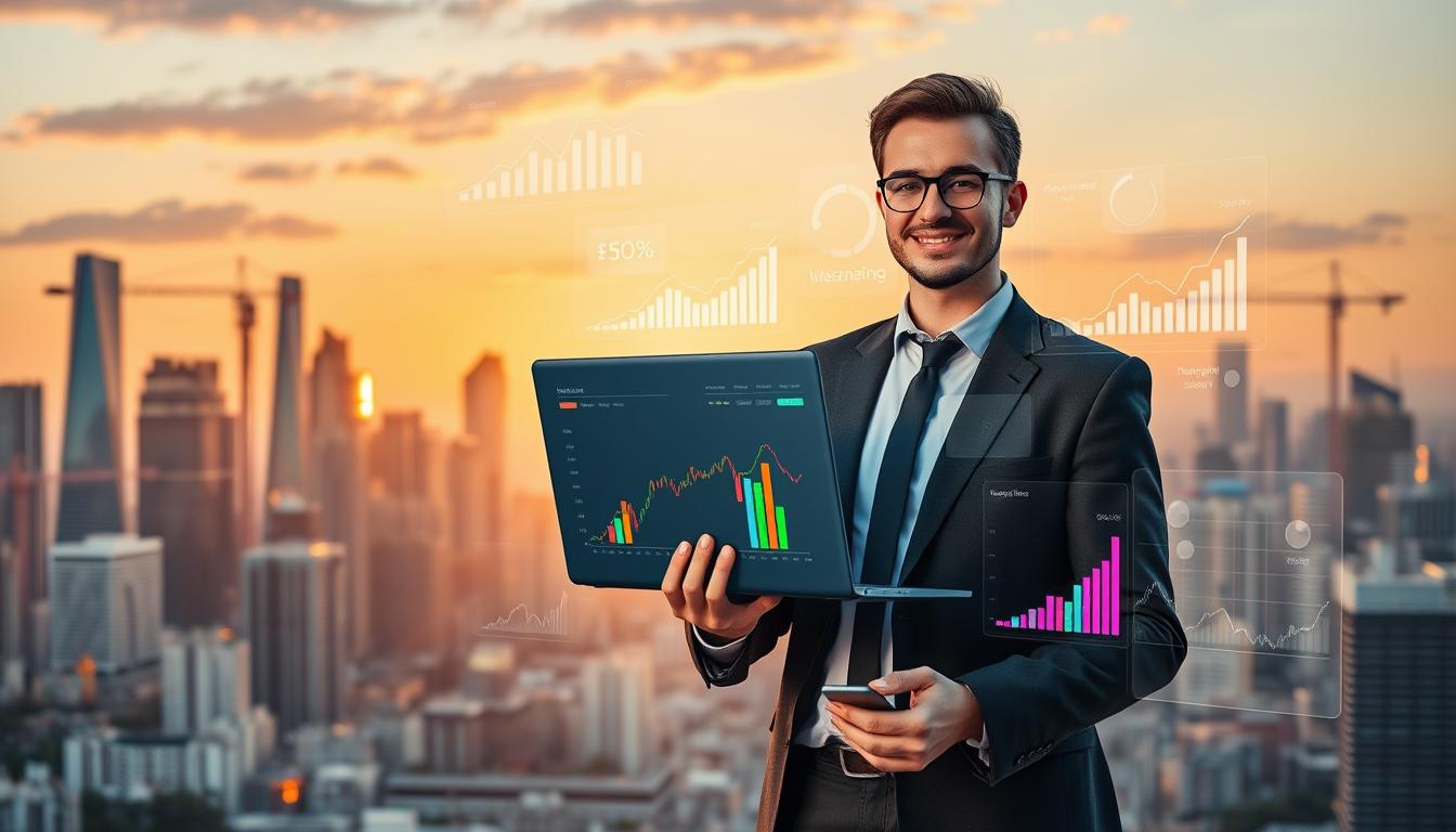 A bustling city skyline at golden hour, with sleek skyscrapers and cranes dotting the horizon. In the foreground, a well-dressed professional stands confidently, laptop in hand, surrounded by colorful data visualizations and financial charts projected holographically. The scene is illuminated by a warm, diffused light, creating a sense of dynamism and productivity. The overall atmosphere conveys the idea of optimizing and diversifying income streams, a successful individual thriving in the modern business landscape.