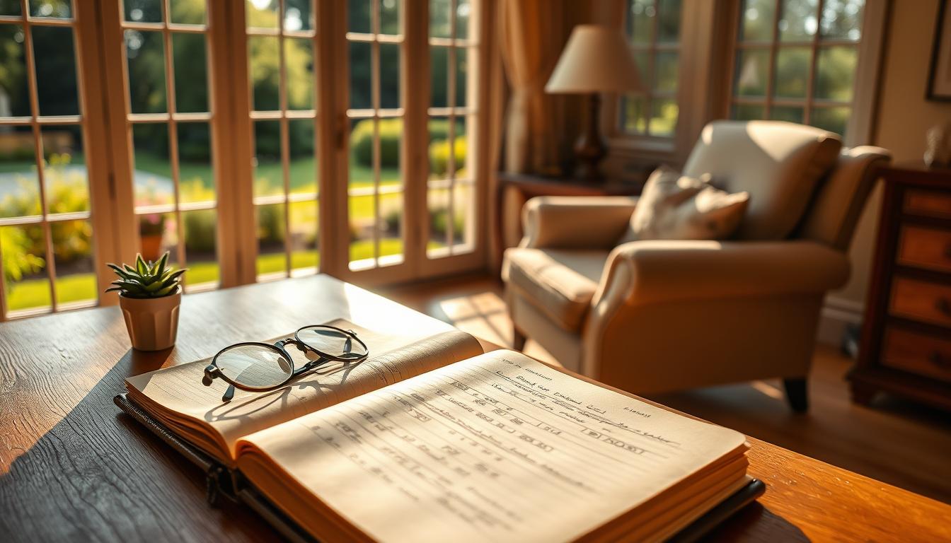 A serene, sun-dappled study with an expansive view of a lush garden. In the foreground, a well-worn, leather-bound journal rests atop a solid oak desk, its pages open to reveal thoughtful notes and calculations. A pair of spectacles, a pen, and a small potted plant add subtle touches of sophistication. The middle ground showcases a cozy armchair positioned for contemplation, its plush upholstery inviting reflection. In the background, floor-to-ceiling windows frame a verdant landscape, conveying a sense of tranquility and abundance. Warm, directional lighting illuminates the scene, creating a nurturing, focused atmosphere conducive to a wealth-building mindset.
