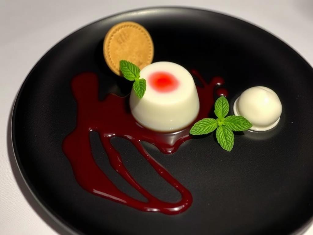 Elegantly plated panna cotta with coulis and garnish