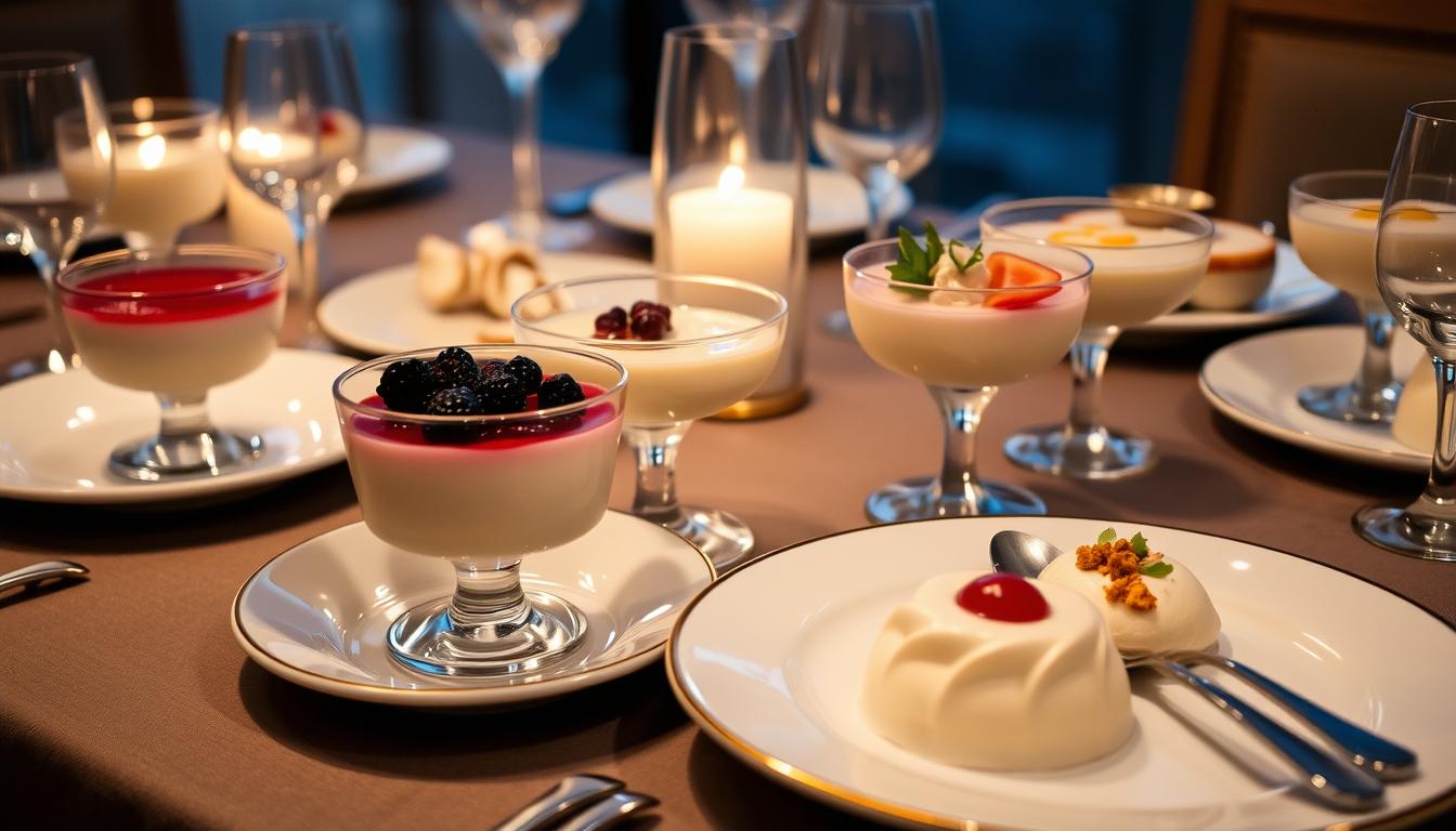 Beautiful table setting with various panna cotta desserts