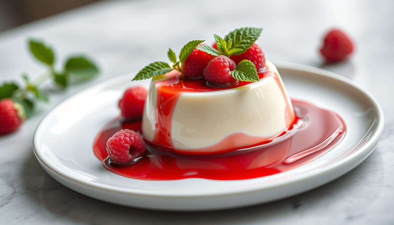 Classic vanilla panna cotta with berry coulis on a white plate