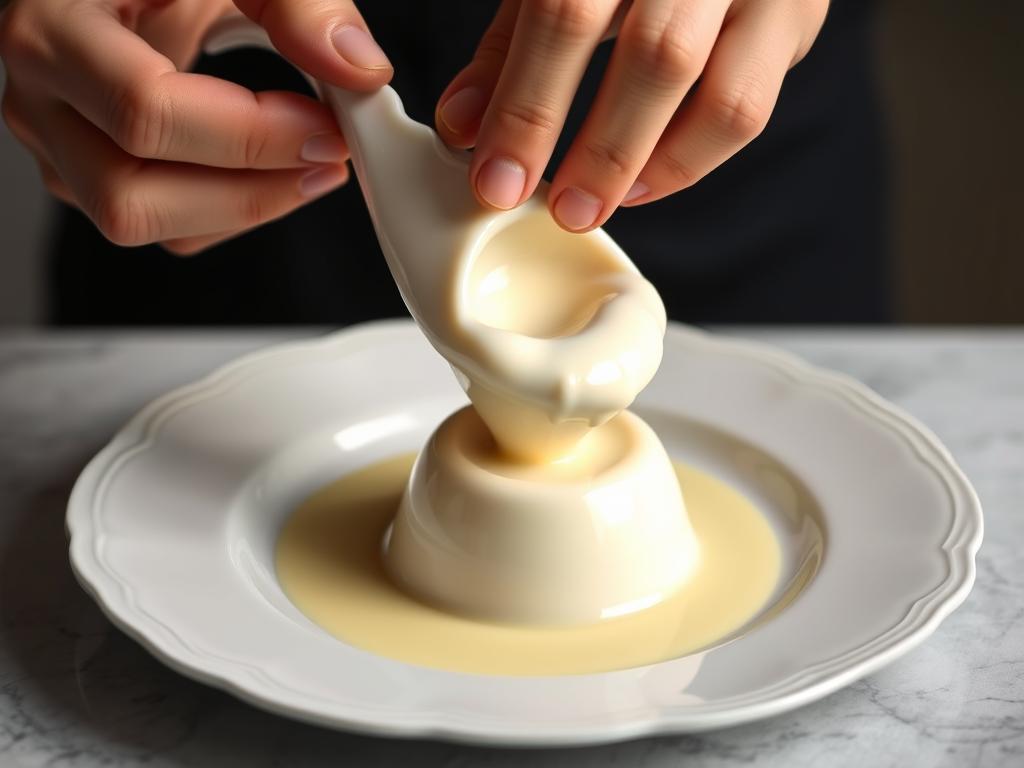 Unmolding panna cotta onto a serving plate