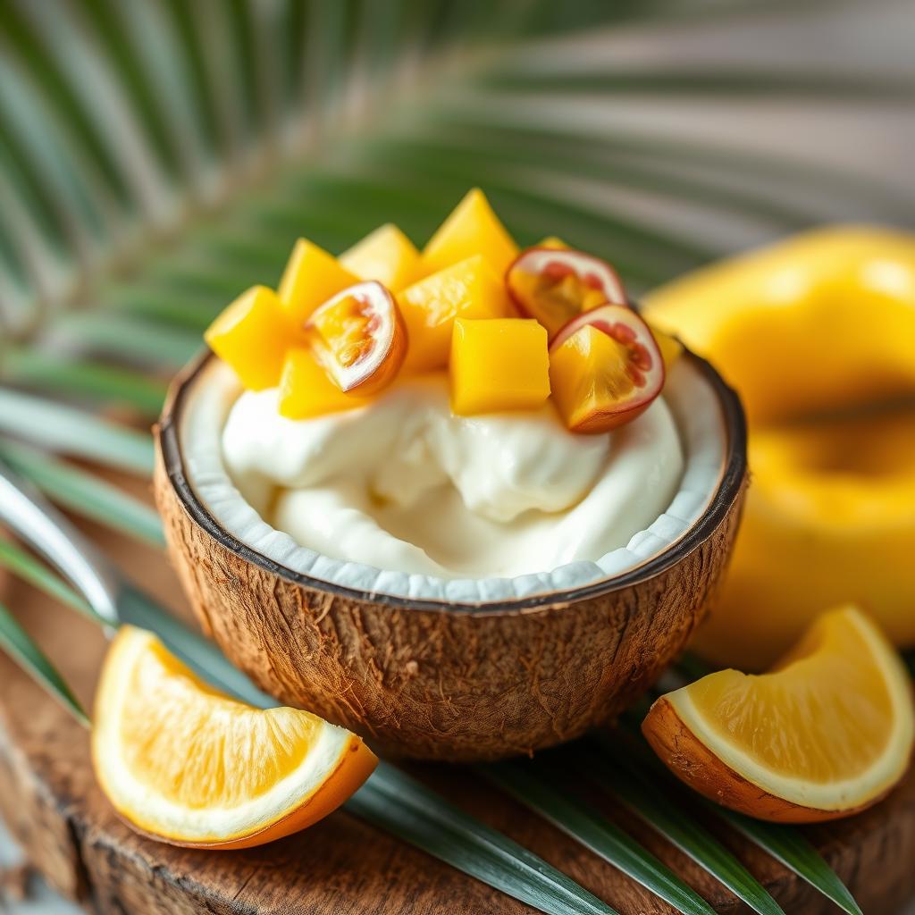 Coconut panna cotta with tropical fruits