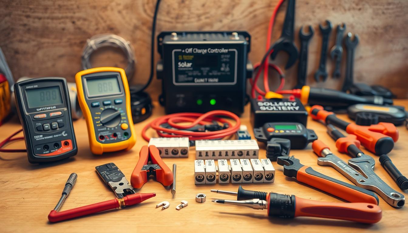 A well-lit workbench displays an array of essential off-grid solar battery installation tools and materials. In the foreground, a multimeter, wire cutters, and a screwdriver set stand ready. The middle ground features solar battery terminals, wiring, and a battery tester. In the background, a solar charge controller and a set of wrenches complete the scene. Warm, natural lighting casts a soft glow, creating a practical yet inviting atmosphere for a successful off-grid solar battery setup.