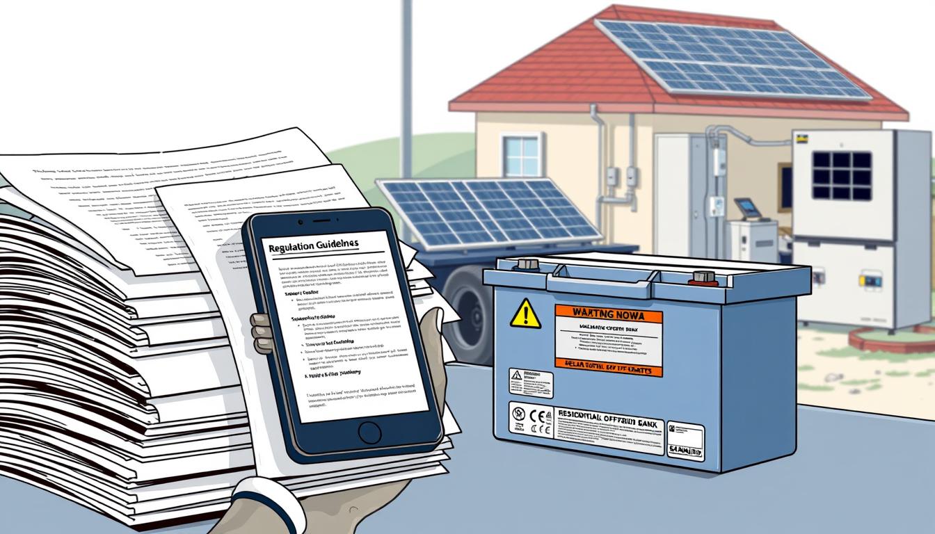 A meticulously detailed, technical illustration of off-grid solar battery regulations. In the foreground, a stack of official-looking documents and a handheld device displaying regulatory guidelines. In the middle ground, a solar battery bank with warning signs and safety labels. In the background, a residential off-grid solar installation, with panels, inverters, and other equipment. The lighting is crisp and directional, casting shadows that emphasize the technical aspects. The overall mood is one of precision, compliance, and careful attention to detail - reflecting the importance of navigating the regulatory landscape for off-grid solar systems.