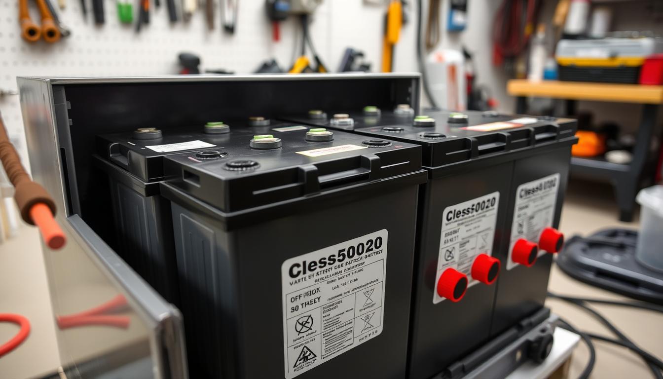 A well-lit, close-up view of off-grid solar battery bank, showcasing its safety features. The batteries are neatly arranged in a sturdy enclosure, with clear labeling and color-coded terminals. The background shows a clean, organized workshop setting with tools and equipment necessary for safe battery maintenance. Soft, diffused lighting highlights the battery bank's sturdy construction and attention to safety protocols. The overall scene conveys a sense of reliability, attention to detail, and a commitment to responsible off-grid power management.