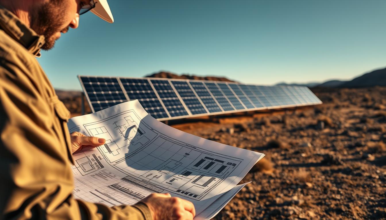 A meticulous off-grid solar battery installation plan, illuminated by warm natural lighting. In the foreground, an engineer examines technical schematics, meticulously mapping out the battery bank layout and wiring. In the middle ground, solar panels stand tall, casting dynamic shadows across the rugged terrain. The background showcases a remote, serene landscape, hinting at the self-sustaining potential of this off-grid setup. The scene exudes a sense of careful consideration, technical precision, and a harmonious integration with the natural environment.
