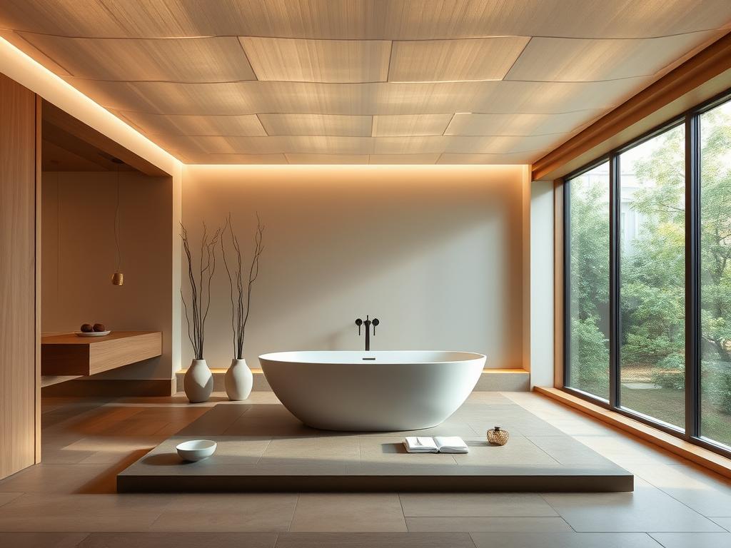 Japandi bathroom with washi paper ceiling lights