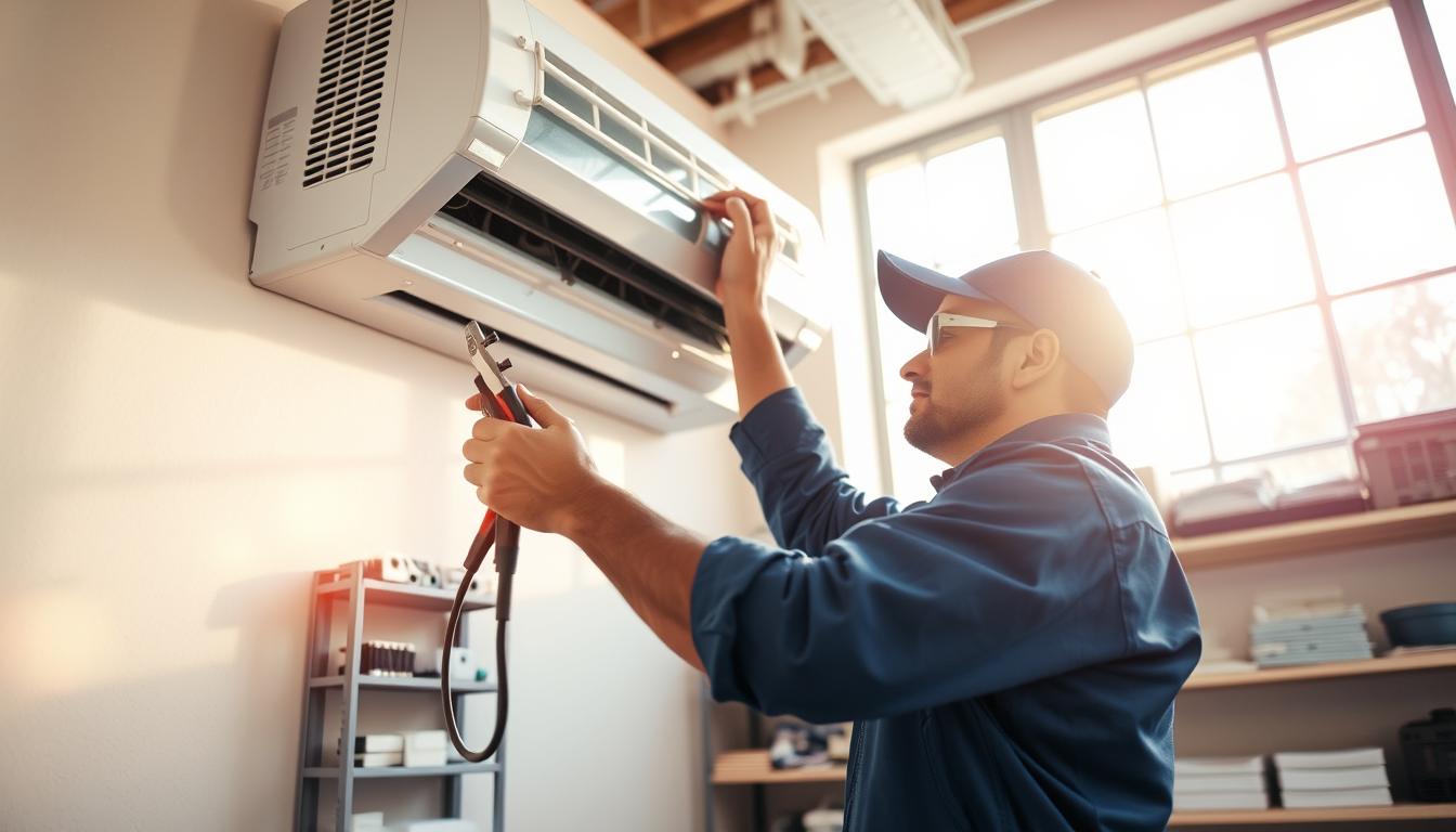 A serene and well-lit indoor scene depicting a professional air conditioning technician servicing a wall-mounted AC unit. The technician is wearing a blue uniform and using a variety of specialized tools to carefully inspect and clean the unit. The background shows a tidy, organized workspace with shelves of spare parts and equipment. Warm, natural lighting filters in through large windows, creating a calming atmosphere. The angle captures the technician's focused attention on the task at hand, conveying the importance of proper AC maintenance. The overall composition emphasizes the expertise and care required for an effective AC service.