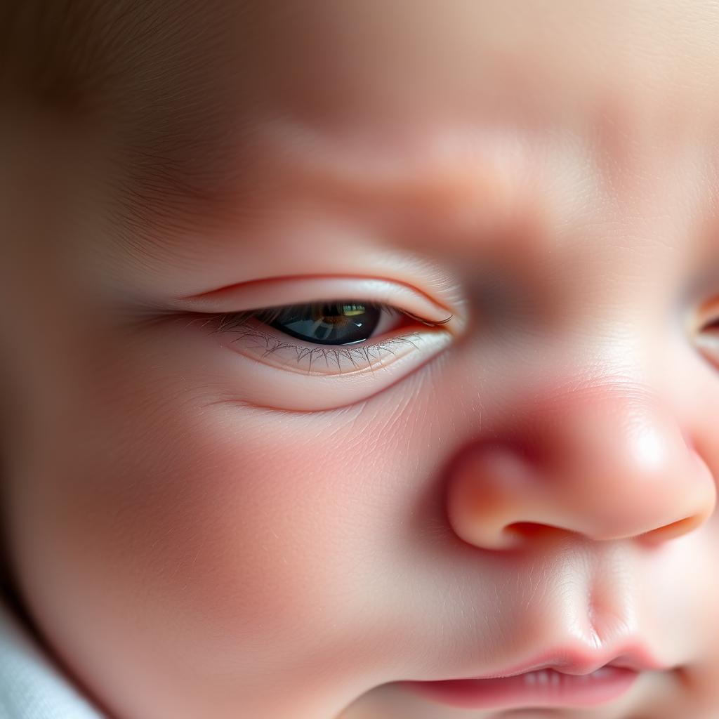 Newborn baby with eyes partially open showing typical eye development in babies of average length of a newborn