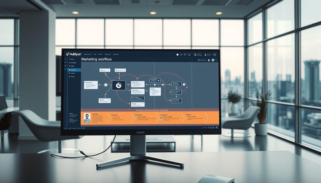 A detailed, data-driven HubSpot marketing automation workflow displayed on a large computer monitor. The workflow features interconnected nodes representing various stages of the customer journey, connected by clean, color-coded lines. The foreground showcases the workflow diagram in crisp detail, meticulously crafted. The middle ground features a sleek, modern office environment with minimalist furniture and lighting, while the background depicts a subtle cityscape through large windows, creating a sense of professionalism and productivity. The overall mood is one of efficiency, organization, and the power of data-driven marketing automation.