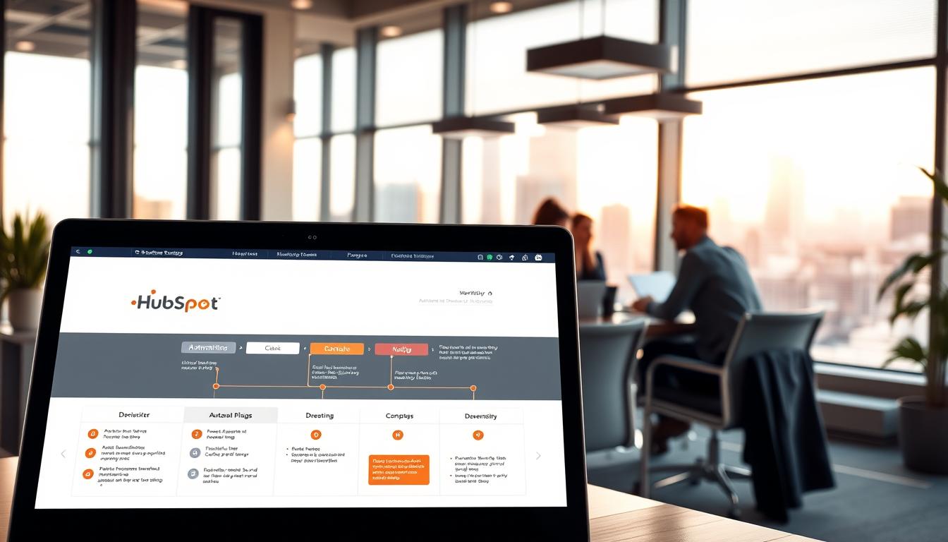 A sleek, modern office interior with clean lines and minimalist decor. In the foreground, a laptop displays a HubSpot workflow diagram, with various automation tools and their functions highlighted. The middle ground features a team of marketing professionals collaborating around a conference table, discussing the workflow and brainstorming ideas. The background showcases large windows overlooking a bustling city skyline, bathed in warm, natural lighting. The overall atmosphere conveys a sense of productivity, efficiency, and the power of HubSpot's automation capabilities to streamline marketing efforts.