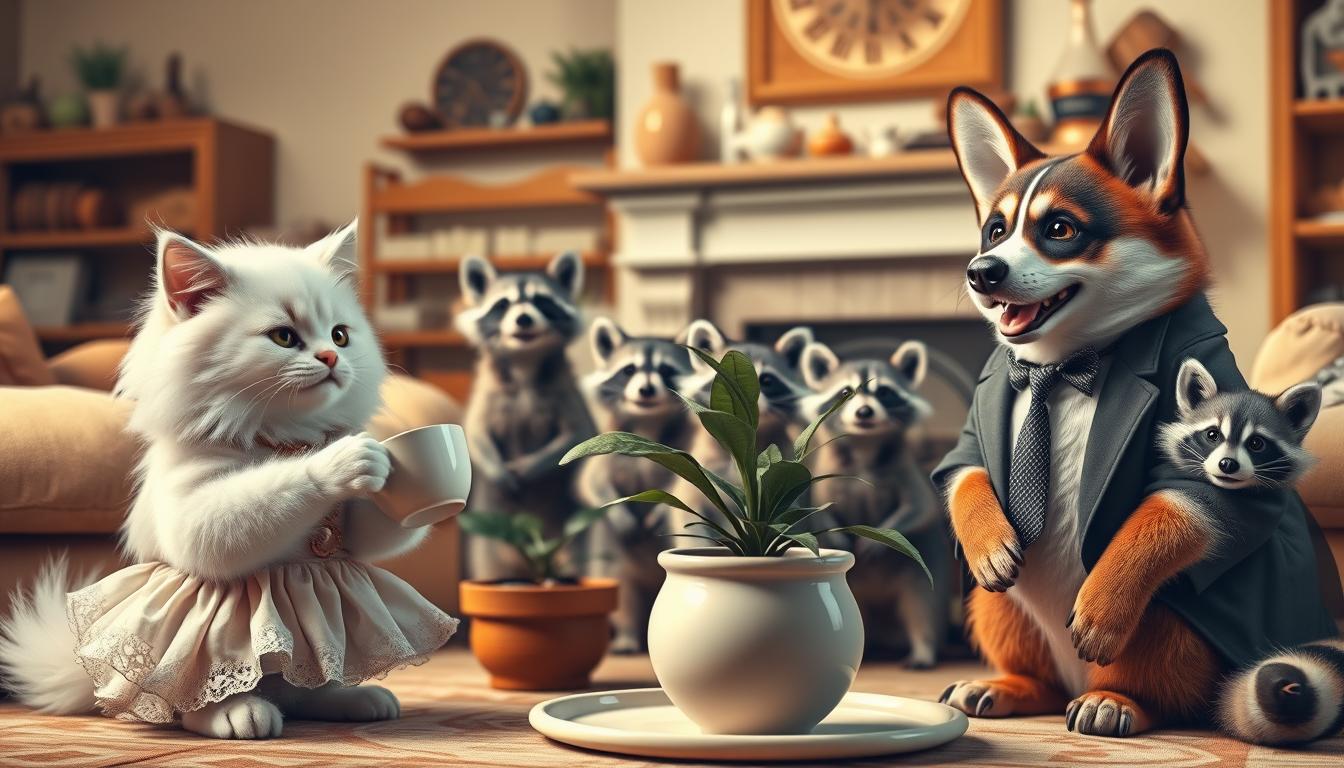 A group of adorable, anthropomorphized animals playing dress-up and acting out human behaviors in a cozy, domestic setting. In the foreground, a fluffy white cat in a frilly dress sips tea from a tiny cup, its pinky finger delicately extended. Next to it, a corgi in a crisp suit and tie chuckles heartily, as if telling a clever joke. In the middle ground, a family of curious raccoons peer out from behind a potted plant, their faces painted with makeup and wearing stylish accessories. The background depicts a warm, inviting living room with plush furniture, a fireplace, and shelves filled with knickknacks, creating a sense of comfort and whimsy. Soft, diffused lighting bathes the scene, highlighting the animals' endearing expressions and human-like mannerisms.