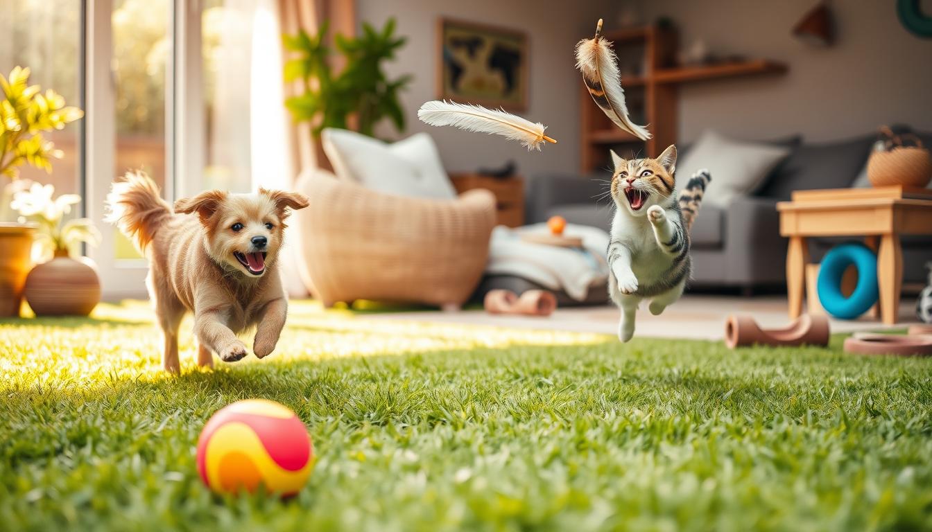 A vibrant, dynamic scene of a pet's daily exercise and mental stimulation. In the foreground, a playful dog excitedly chasing a brightly colored ball across a lush, verdant lawn, its joyful expression capturing the delight of physical activity. In the middle ground, a cat elegantly leaps to bat at a suspended feather toy, its agile movements stimulating its natural hunting instincts. The background depicts a cozy, sun-dappled home environment, with carefully selected enrichment toys and puzzles scattered around, providing engaging mental challenges for the curious pets. Soft, warm lighting illuminates the scene, creating a sense of comfort and contentment. The overall composition conveys the importance of holistically meeting a pet's physical and cognitive needs to maintain a happy, healthy companion.