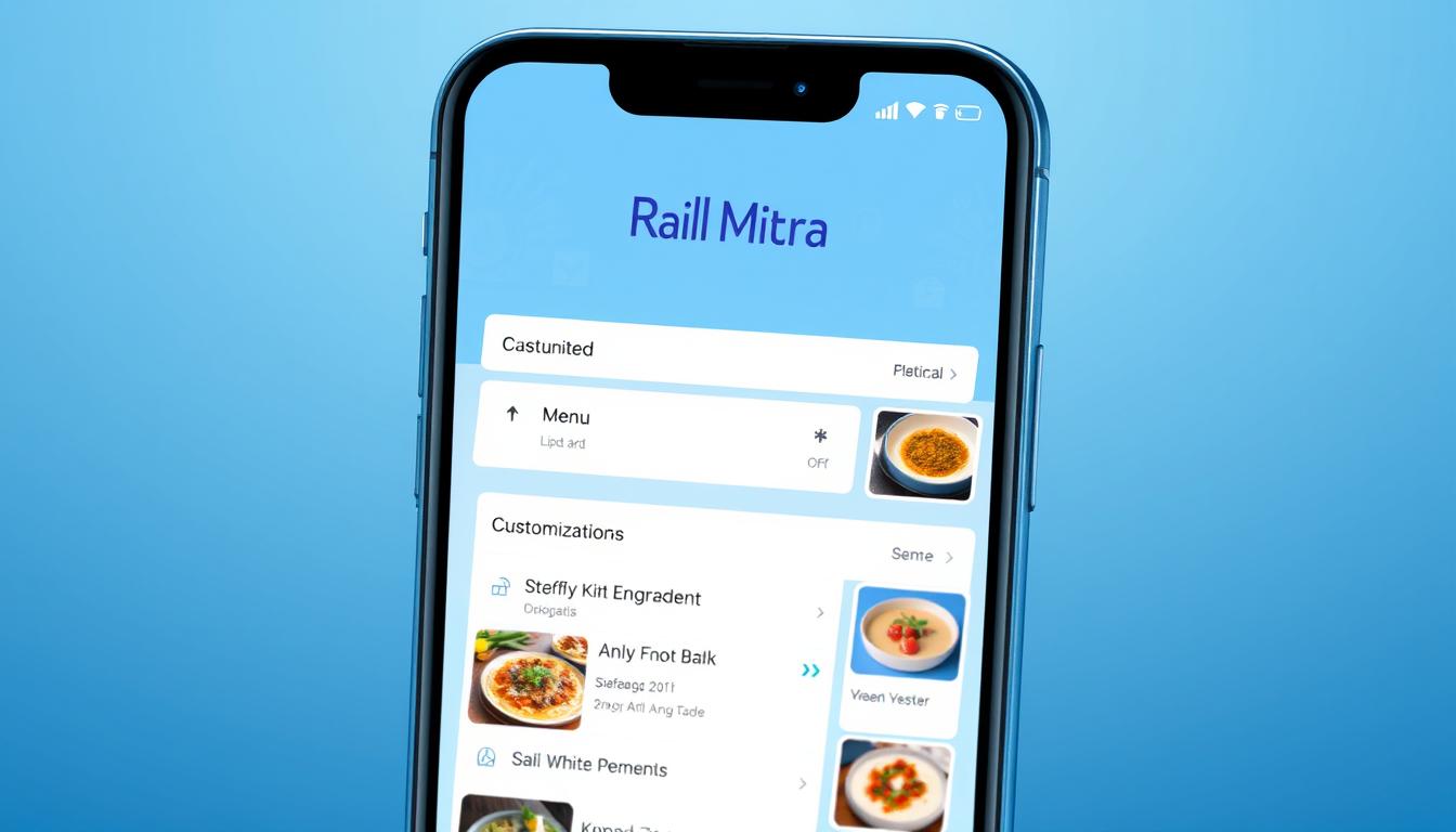 A sleek, modern mobile app interface with a clean, intuitive layout. The screen displays the "Rail Mitra" logo prominently at the top, signifying the service. Below, a list of menu items and customization options fills the center, allowing users to easily browse and select their desired train food order. The interface features a minimalist color scheme of blues and grays, creating a calming, professional atmosphere. Crisp, high-resolution imagery of the menu items is presented, enticing the user. The layout is well-organized, with clear section dividers and an uncluttered presentation of information. The overall design conveys a sense of efficiency and reliability, befitting the Rail Mitra service.