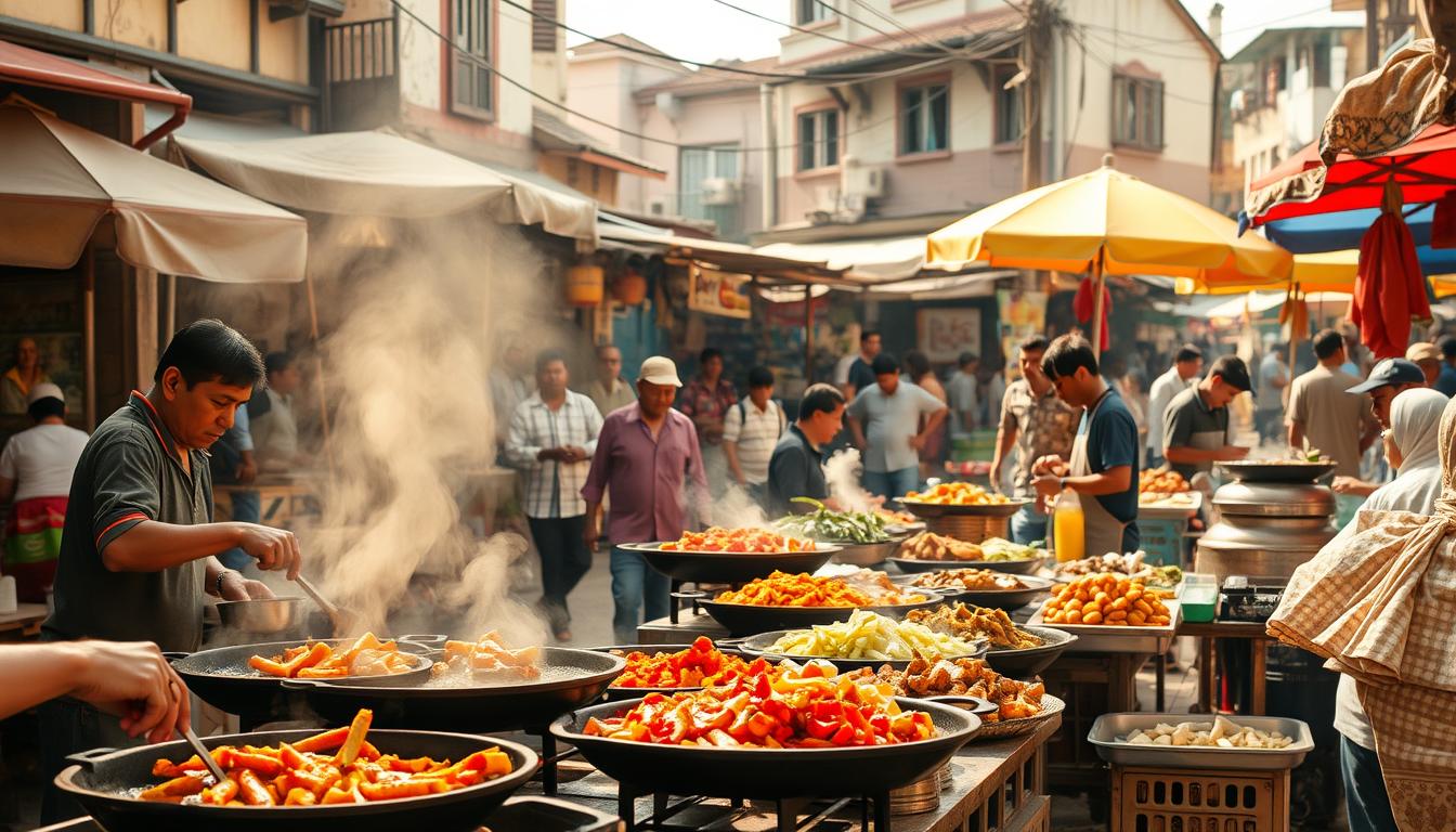 A bustling street market, showcasing an array of regional street food delights. In the foreground, vendors skillfully prepare fragrant local specialties, sizzling on cast-iron griddles and charcoal grills. The middle ground features a vibrant mix of stalls, each offering a unique culinary experience - from spicy curries and steaming dumplings to freshly squeezed juices and vibrant produce. The background captures the lively atmosphere, with colorful umbrellas, weathered buildings, and the hum of excited chatter. Warm, natural lighting casts a golden glow, creating an inviting and authentic ambiance. The scene invites the viewer to immerse themselves in the rich tapestry of regional flavors and culinary traditions.