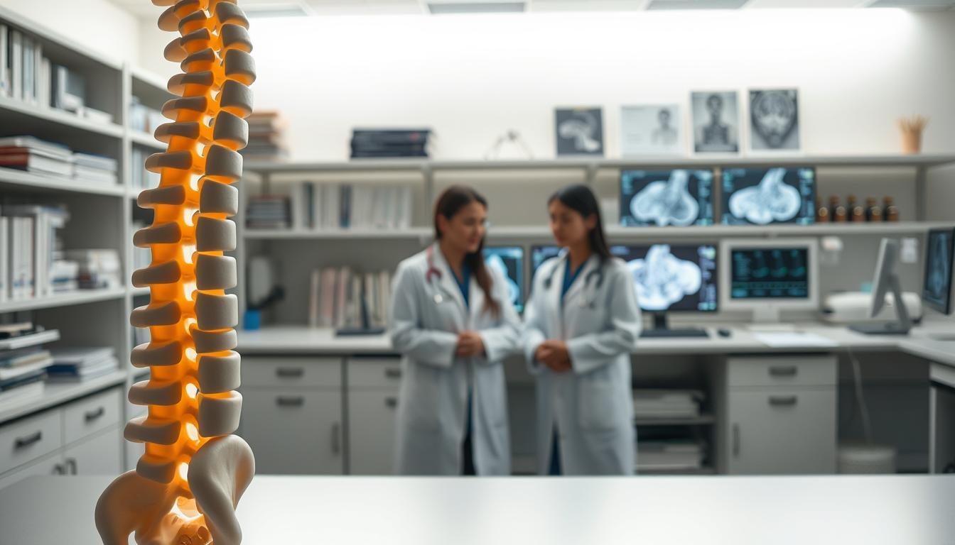 A clinical research laboratory setting with a focus on scoliosis studies. In the foreground, a 3D spine model showcases the curvature and deformation associated with scoliosis, illuminated by soft, diffused lighting. In the middle ground, medical researchers in lab coats scrutinize data on computer screens, their expressions contemplative. The background features shelves of medical journals, anatomical diagrams, and diagnostic imaging equipment, conveying a sense of scientific rigor and medical expertise. The overall atmosphere is one of thoughtful investigation, with a subtle, muted color palette that evokes the serious nature of the subject matter.