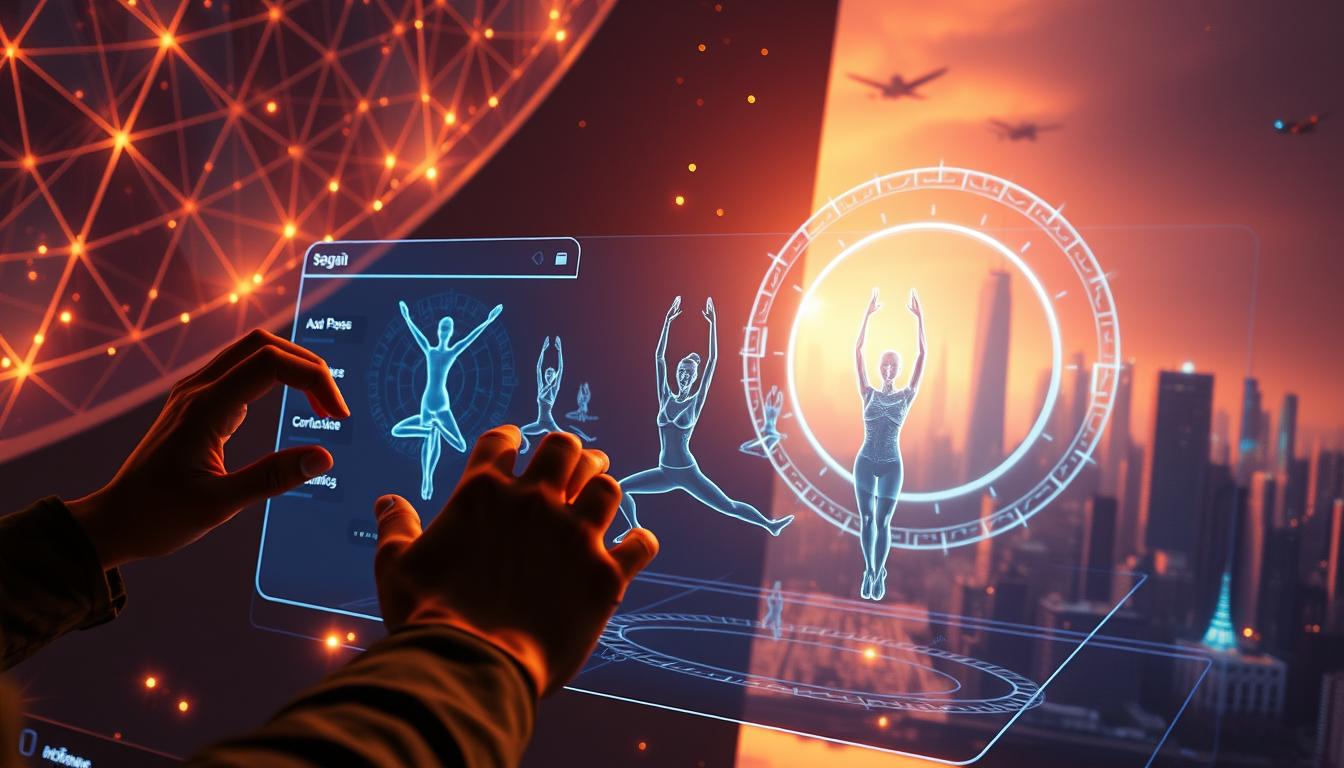 A sleek and futuristic JioSphere browser interface floats against a backdrop of shimmering holograms and glowing geometric patterns. In the foreground, a user interacts with the browser's advanced AI-powered controls, their hands casting digital ripples across the display. The middle ground features holographic representations of intricate yoga poses, each one adjusting and correcting in real-time based on the user's movements. In the distant background, a cityscape of towering skyscrapers and flying vehicles hints at the technological advancements that power this innovative platform. Warm, saturated lighting and a sense of depth and dimensionality convey the cutting-edge, immersive nature of this futuristic vision.