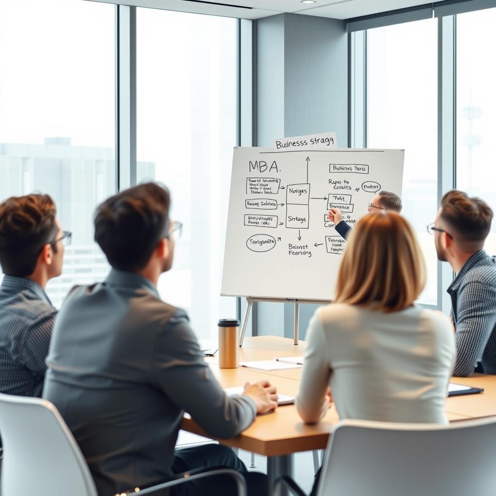 Professional implementing MBA concepts in workplace meeting