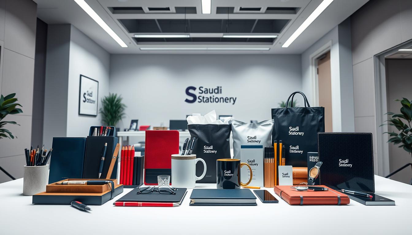 A professional studio setup showcasing a variety of customizable corporate gifts and stationery items for the &quot;Saudi Stationery&quot; brand. In the foreground, an assortment of high-quality pens, notebooks, and desk accessories in various colors and materials. The middle ground features branded mugs, tote bags, and other promotional items. The background depicts a sleek, minimalist office setting with clean lines and soft, directional lighting, highlighting the premium nature of the products. The overall mood is one of sophistication, attention to detail, and brand cohesion.