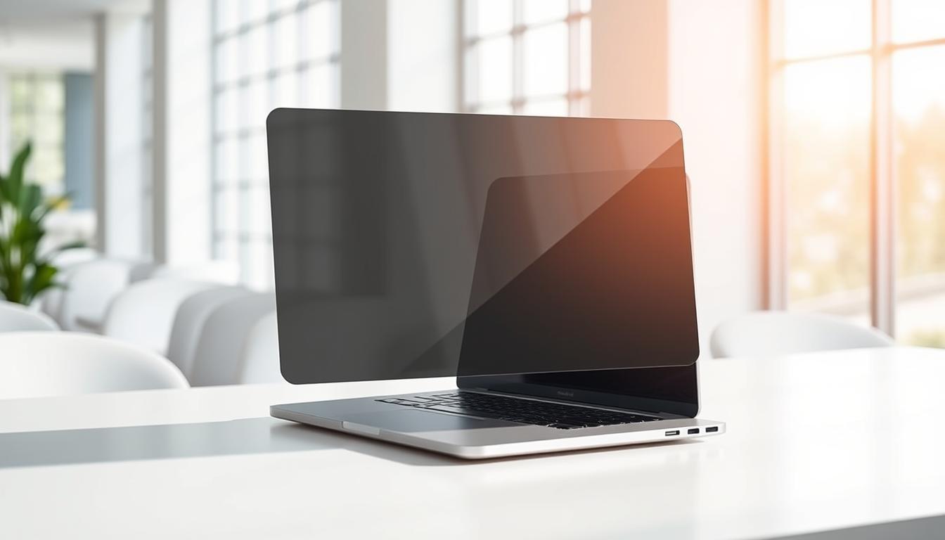 Privacy Screen Protectors: Keep Your Information Safe in Public Spaces 4 A sleek, modern laptop with a privacy screen installed, showcasing its matte, anti-glare surface. The laptop is placed on a clean, minimalist desk, surrounded by a bright, airy environment with soft, natural lighting filtering in through large windows. The privacy screen filters out unwanted side-angle views, keeping the user's sensitive information secure and private, even in public settings. The overall scene conveys a sense of productivity, focus, and data protection.