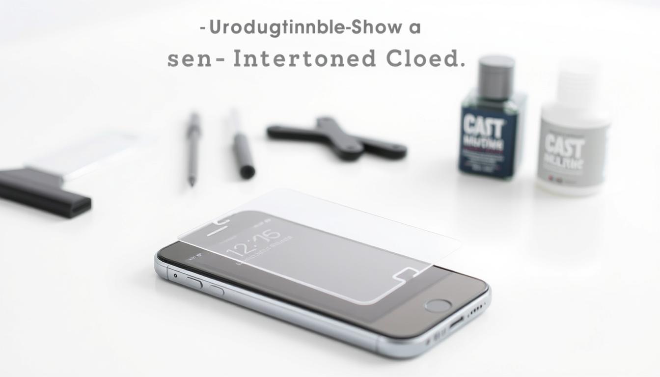 How to Choose a Case-Friendly Screen Protector for Any Phone 5 A step-by-step guide on installing a case-friendly screen protector for a smartphone. In the foreground, a smartphone display with a semi-transparent film overlay, showcasing the application process. The middle ground features a set of tools and accessories, such as a squeegee, microfiber cloth, and screen cleaner, neatly arranged. The background depicts a minimalist, well-lit workspace with clean lines and soft, diffused lighting, emphasizing the precision and care required for the installation. The overall mood is one of focus, attention to detail, and a sense of accomplishment in properly protecting the device's screen.