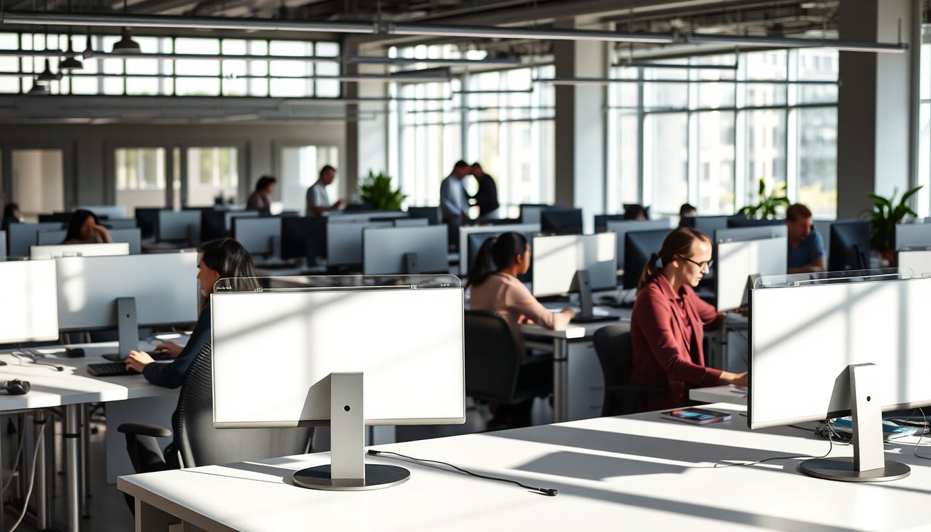 Privacy Screen Protectors: Keep Your Information Safe in Public Spaces 6 A modern open-office workspace with rows of desks, employees working on computers. In the foreground, several privacy screen protectors are placed on the desks, their semi-transparent material diffusing the light and creating a sense of visual privacy. The middle ground features colleagues collaborating, while the background showcases the open-plan layout with natural light streaming in through large windows. The scene conveys a balanced atmosphere of productivity and personal space preservation.