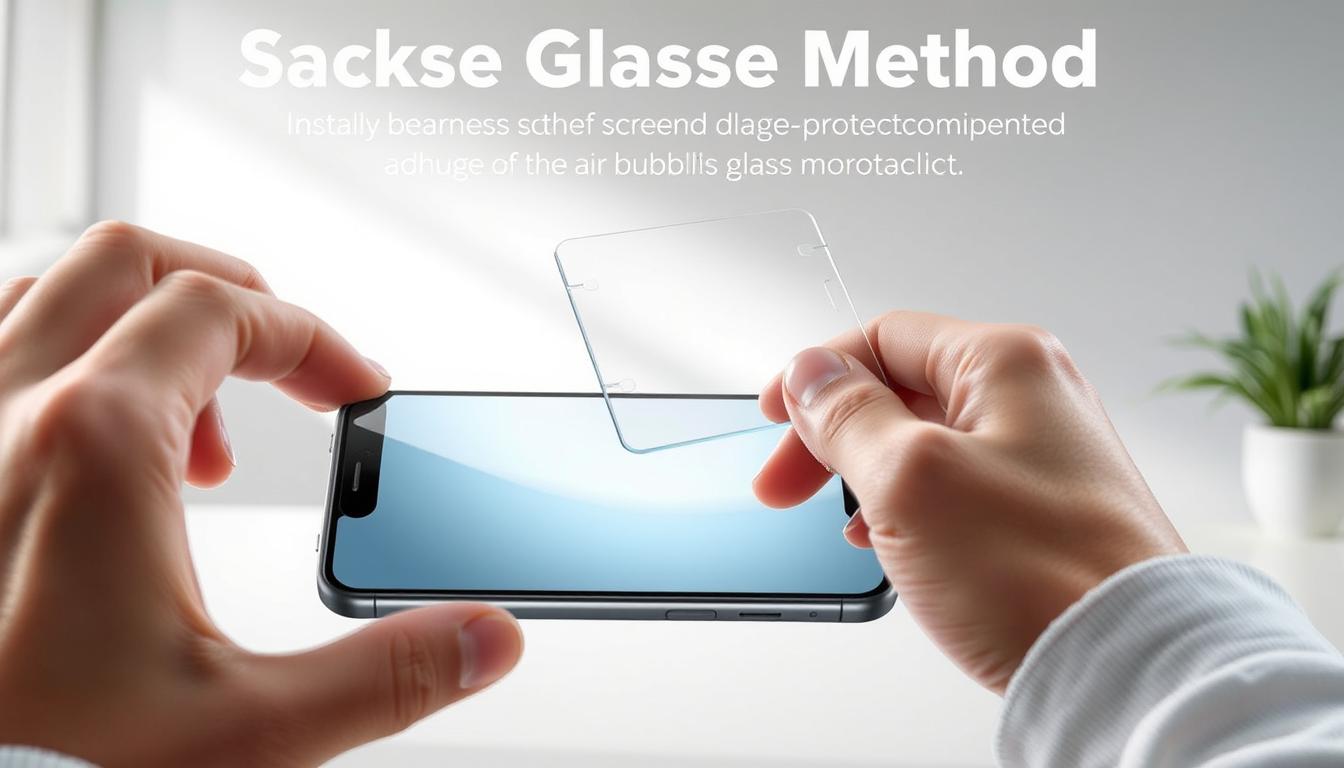 How to Install a Tempered Glass Screen Protector Without Bubbles 4 A step-by-step illustration of the hinge method for seamless installation of a tempered glass screen protector. In the foreground, a person's hands carefully aligning a rectangular glass screen protector onto a smartphone display, using a clear plastic hinge to guide the application. The middle ground shows the screen protector partially adhered, with no visible air bubbles or misalignment. The background depicts a minimalist, well-lit workspace with a clean, professional aesthetic. Lighting is soft and diffused, emphasizing the delicate nature of the task. The camera angle is positioned to provide a clear, detailed view of the installation process.