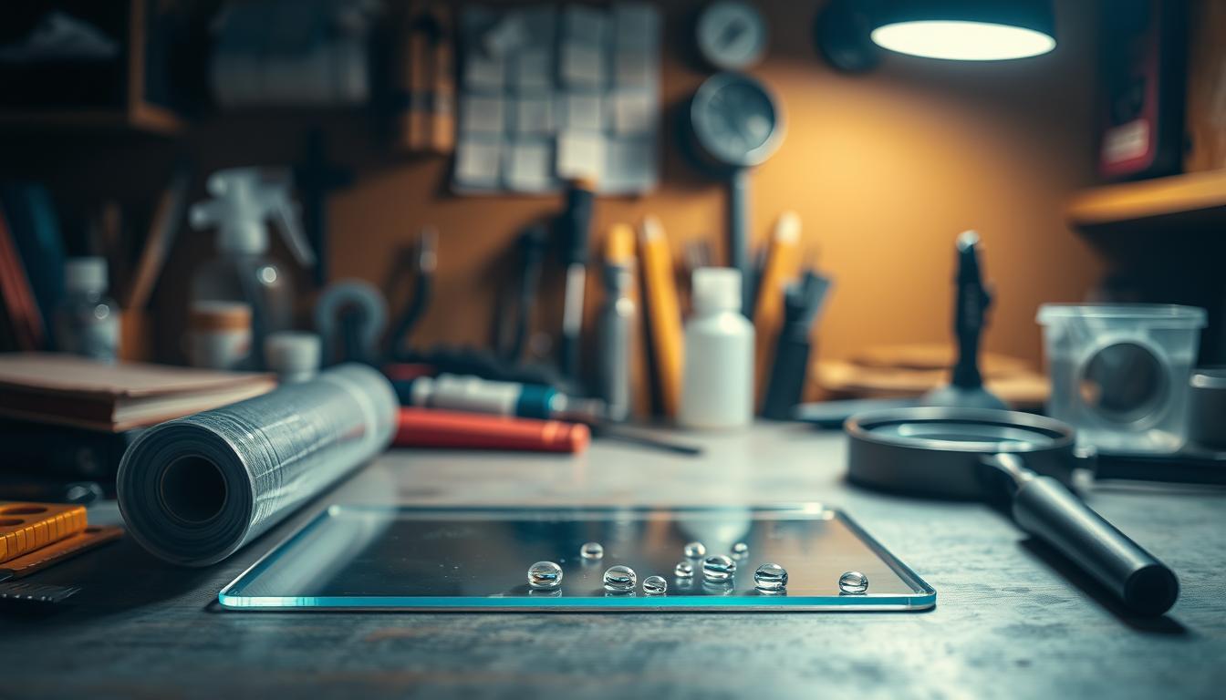 How to Install a Tempered Glass Screen Protector Without Bubbles 6 A dimly lit workshop table with various tools and supplies, including a roll of tempered glass screen protector, a squeegee, a spray bottle, and a magnifying glass. In the foreground, a partially installed screen protector shows small air bubbles trapped underneath. The background is blurred, highlighting the focus on the troubleshooting process. Warm, soft lighting creates a contemplative atmosphere, as if the viewer is examining the issue closely to find a solution.