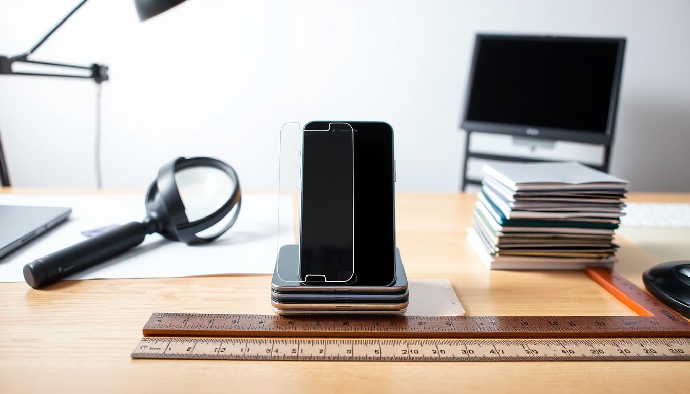 How to Choose a Case-Friendly Screen Protector for Any Phone 6 A well-lit office desk with a magnifying glass, a ruler, and a stack of phone screen protectors in different price ranges. The foreground features a selection of screen protectors neatly displayed, showcasing their varied materials, thicknesses, and clarity. In the middle ground, a smartphone is placed next to the protectors, allowing for size and fit comparisons. The background depicts a clean, minimalist workspace with a neutral color palette, emphasizing the importance of budgeting and making an informed choice. The lighting is soft and diffused, creating a professional and thoughtful atmosphere.