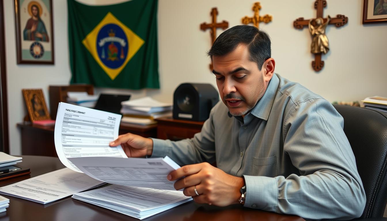 Pastor brasileiro analisando documentos fiscais sobre imposto sobre moradia pastoral no Reino Unido