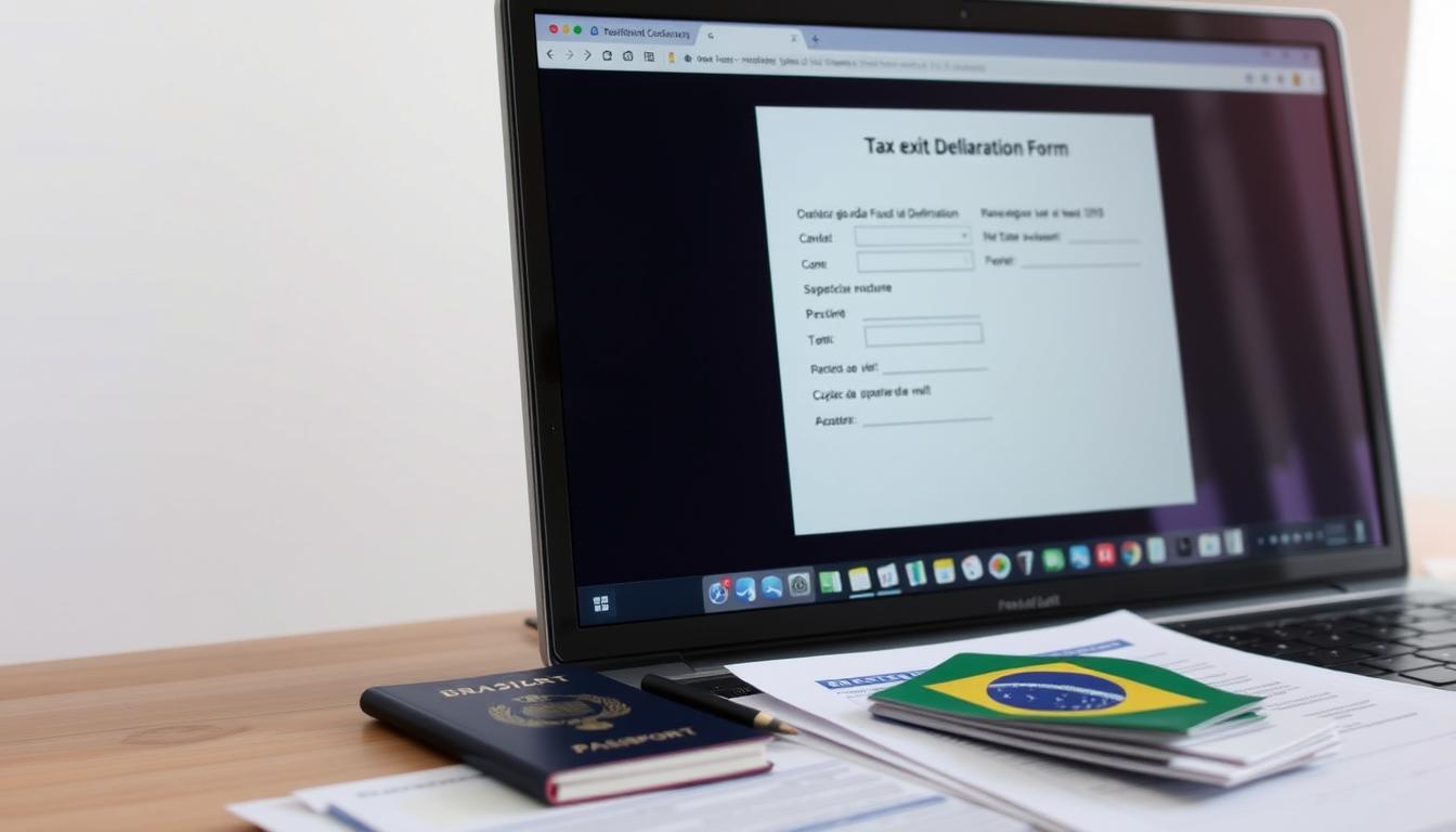 Formulário da Declaração de Saída Fiscal Definitiva do Brasil sendo preenchido em um computador