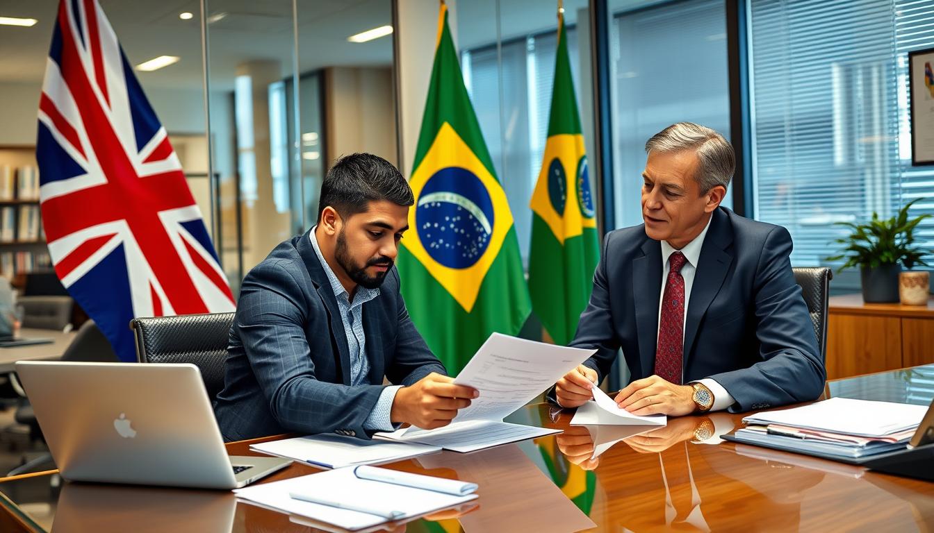 Empreendedor brasileiro analisando documentos com contador brasileiro em Londres