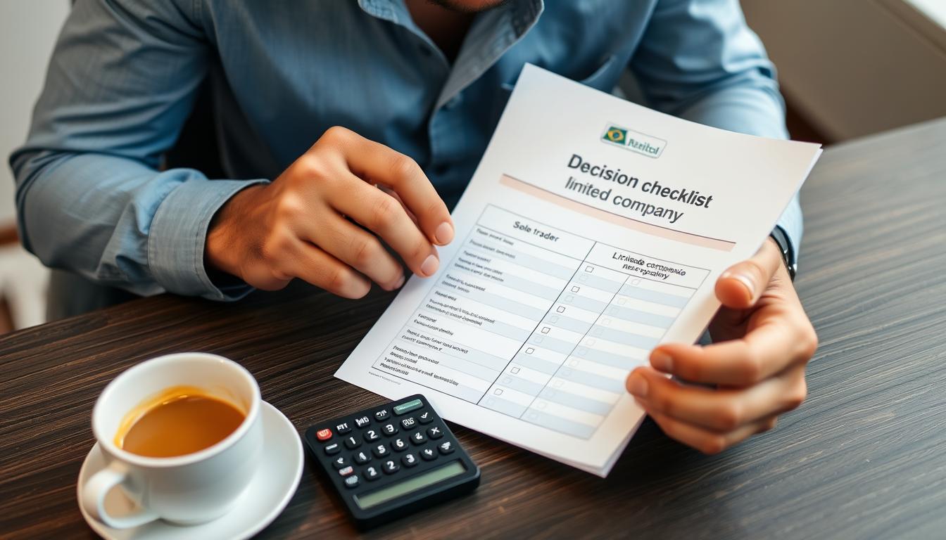 Brasileiro analisando checklist de decisão entre sole trader vs limited company UK