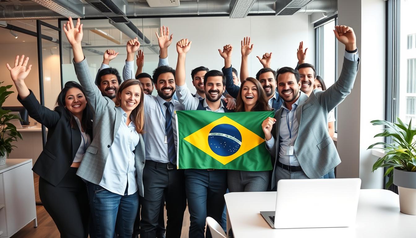 Empresários brasileiros celebrando sucesso de negócio no Reino Unido