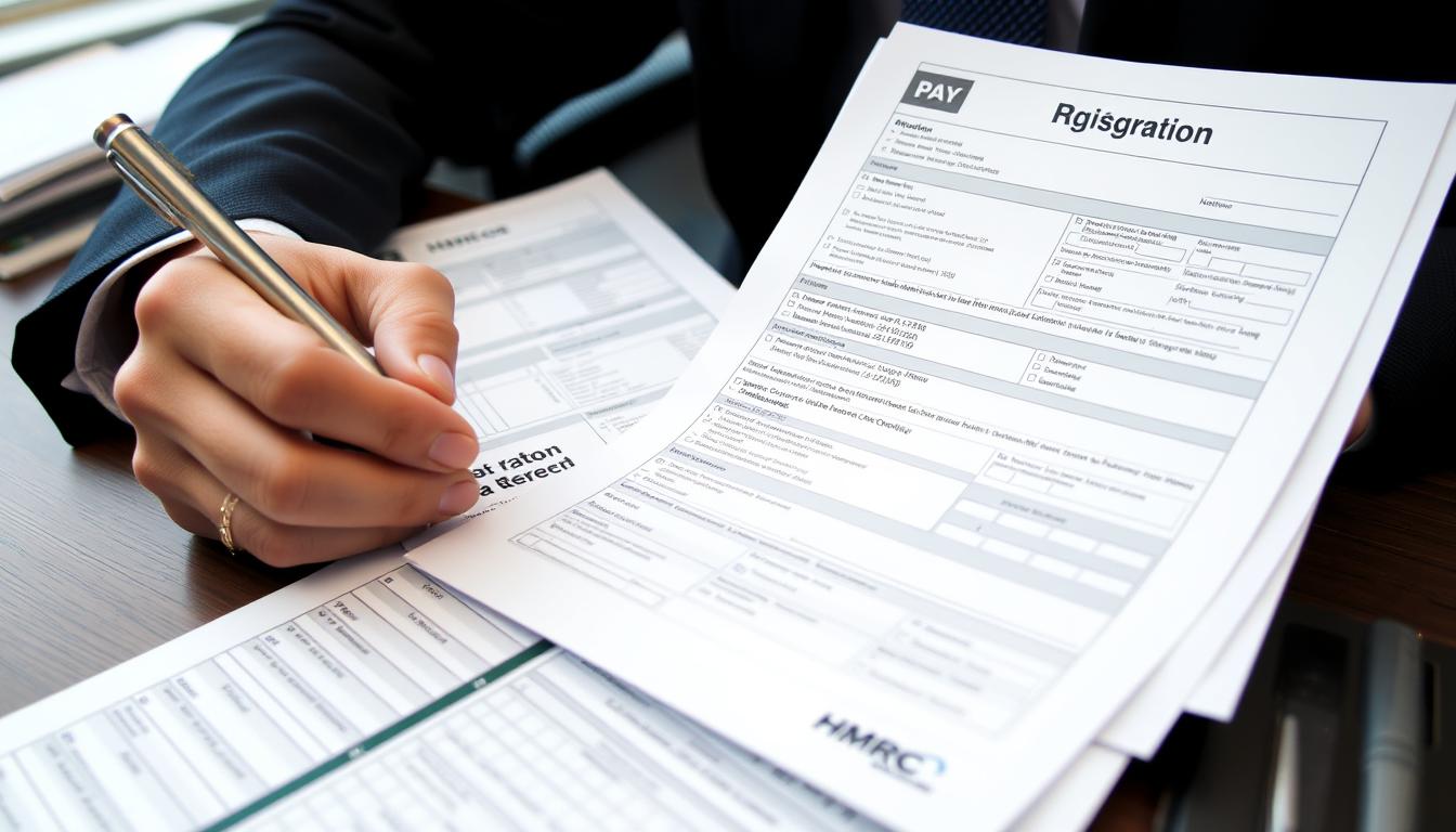 Documentos do HMRC sendo preenchidos por contador brasileiro em Londres