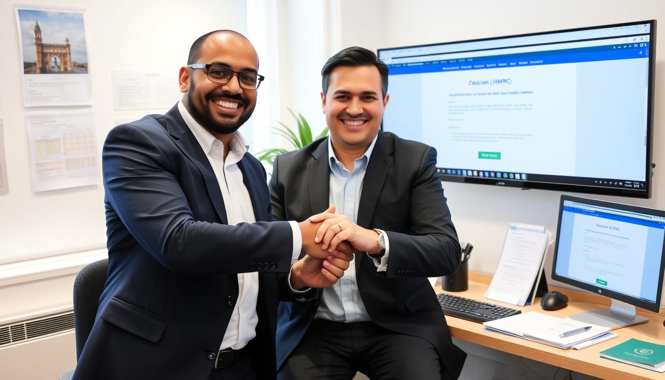 Contador Brasileiro e cliente celebrando Tax Return concluído com sucesso