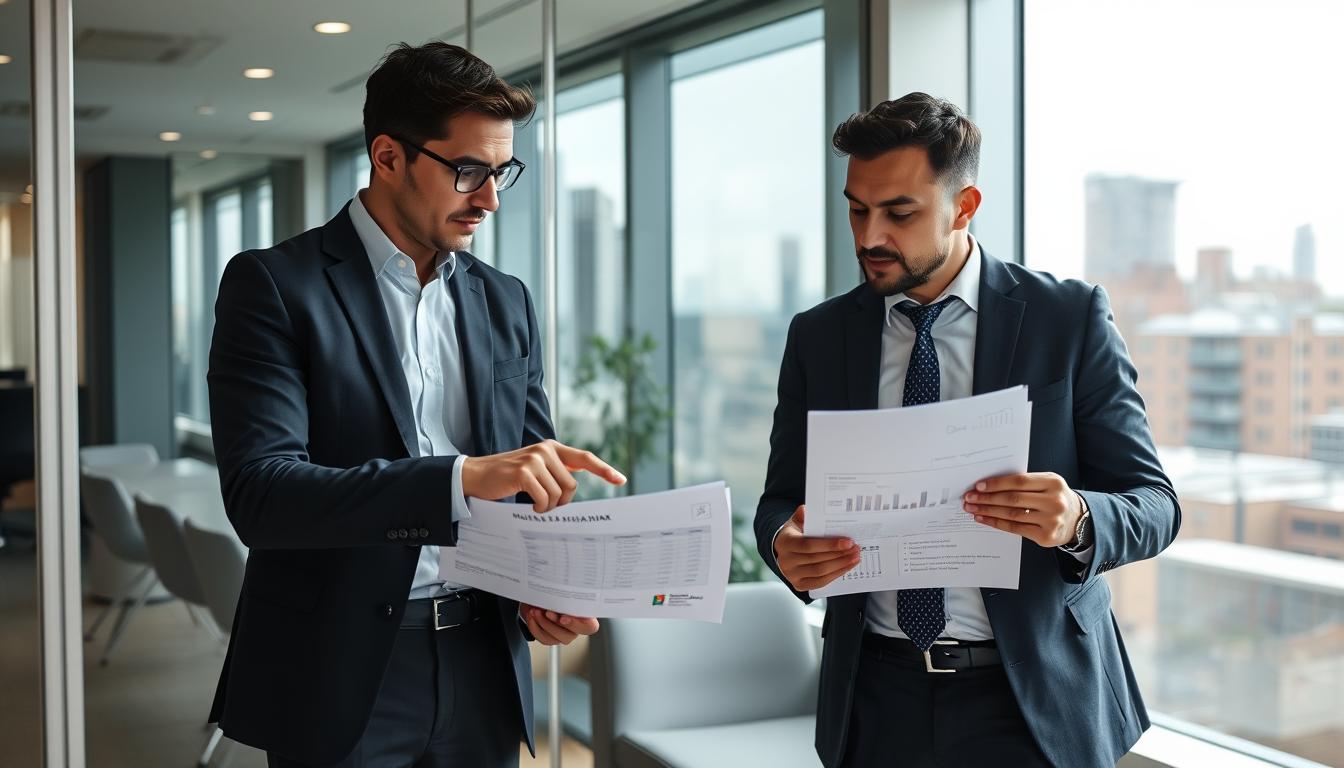 Contador brasileiro atendendo cliente em escritório em Londres
