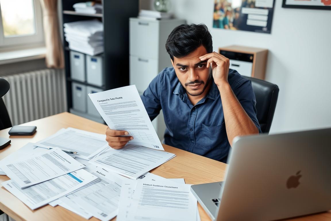 Empresário brasileiro lidando com documentação de negócios no Reino Unido