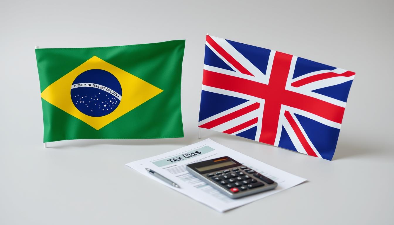 Bandeiras do Brasil e Reino Unido lado a lado representando o acordo de dupla tributação Brasil Reino Unido