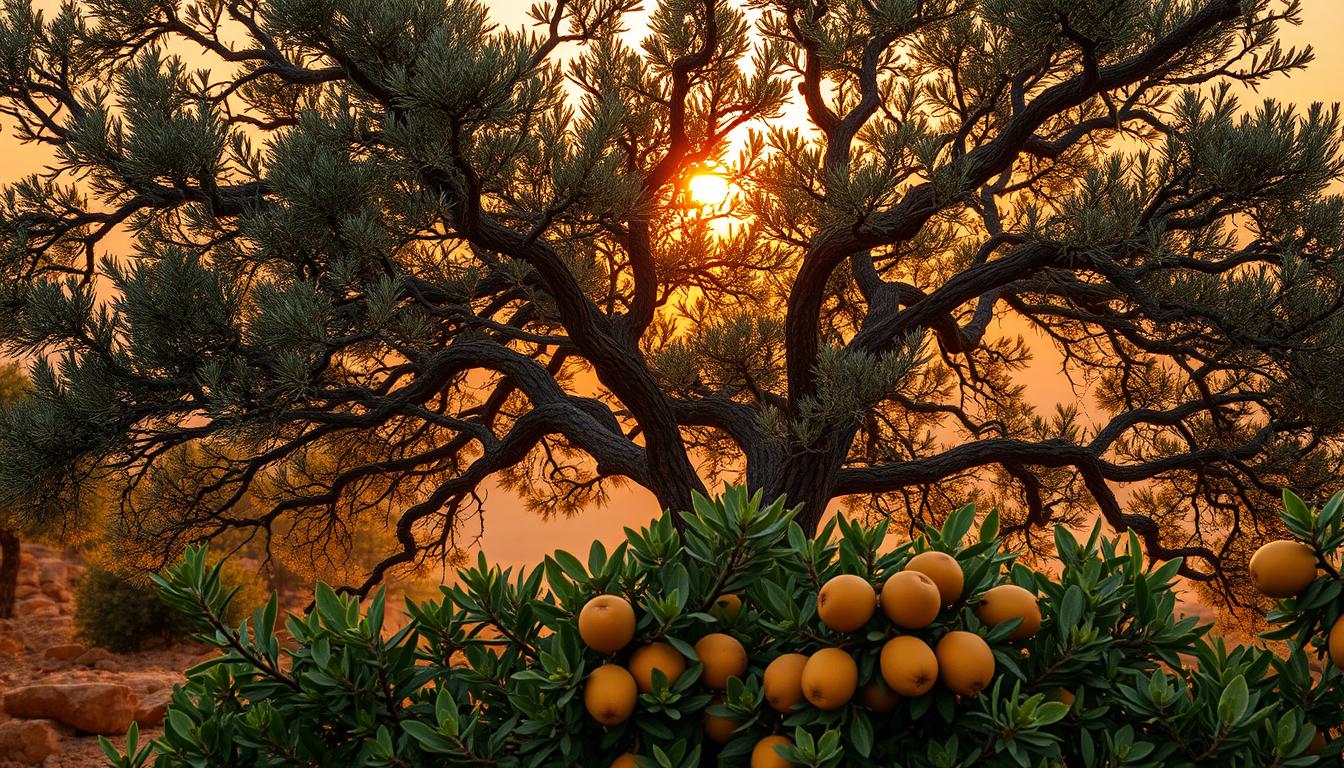 A lush, golden-green argan tree stands majestically, its twisted branches reaching skyward against a warm, hazy Moroccan sunset. The tree's silvery-green leaves shimmer in the soft, directional light, casting gentle shadows on the rocky, ochre-colored terrain below. In the foreground, plump argan fruits, their amber-colored shells glinting, sit nestled amongst the foliage, hinting at the precious oil waiting to be harvested. The scene exudes a sense of tranquility and timelessness, capturing the essence of this iconic Moroccan &quot;golden elixir.&quot;