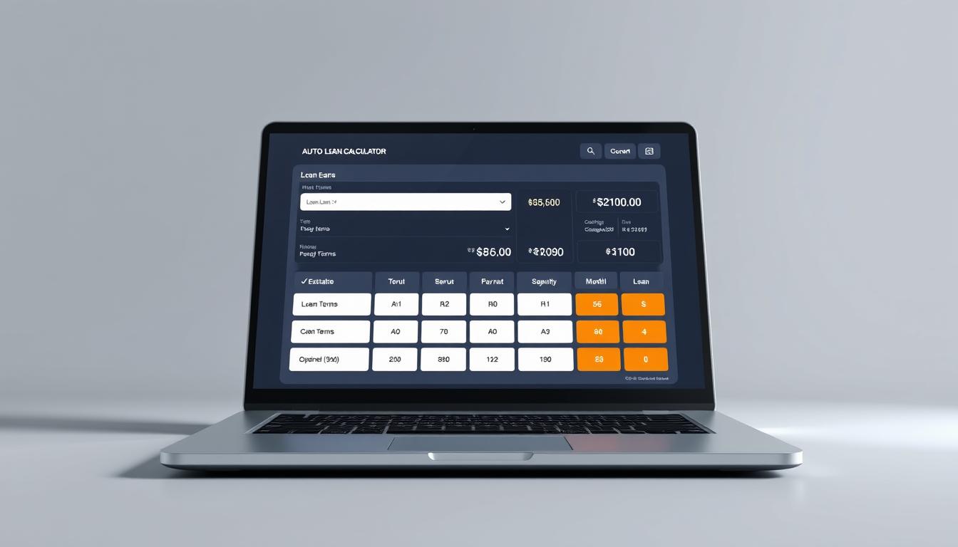 A high-tech, futuristic auto loan calculator interface displayed on a sleek, silver desktop computer set against a minimalist, gray background. The calculator is the focal point, showcasing a crisp, clean design with intuitive input fields and clear visualizations of loan terms, monthly payments, and other key financial metrics. Soft, directional lighting from the side creates depth and highlights the polished, metallic surfaces. The overall aesthetic is sophisticated, modern, and user-friendly, reflecting the convenience and efficiency of the calculator tool.