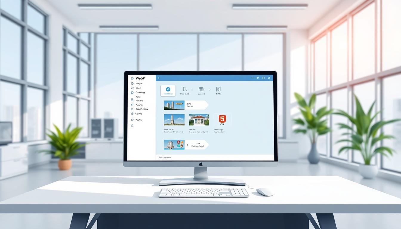 A bright, well-lit, and modern digital workspace with a sleek, minimalist design. In the foreground, a large, high-resolution monitor displays the user interface of a professional-grade WebP to JPG or PNG converter, showcasing its key features. The interface is intuitive and easy to navigate, with clearly labeled tools for batch conversion, image compression, and quality optimization. In the middle ground, a desk with a laptop, mouse, and keyboard sets the scene, hinting at the productive workflow enabled by the converter. The background features floor-to-ceiling windows, allowing natural light to flood the space and create a sense of openness and clarity. The overall atmosphere is one of efficiency, productivity, and a focus on delivering high-quality image conversion results.