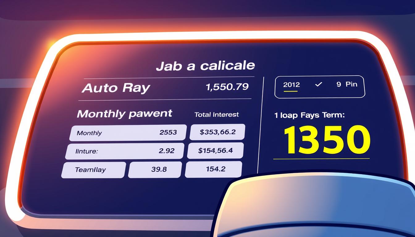 A sleek and modern auto loan calculator interface displaying key results, including monthly payment, total interest, and loan term. The screen is backlit with a warm, inviting glow, creating a professional and authoritative atmosphere. The layout is clean and uncluttered, with bold, legible typography and intuitive data visualizations. The overall design exudes a sense of financial confidence and trust, making the results easy to interpret and use for negotiation purposes.