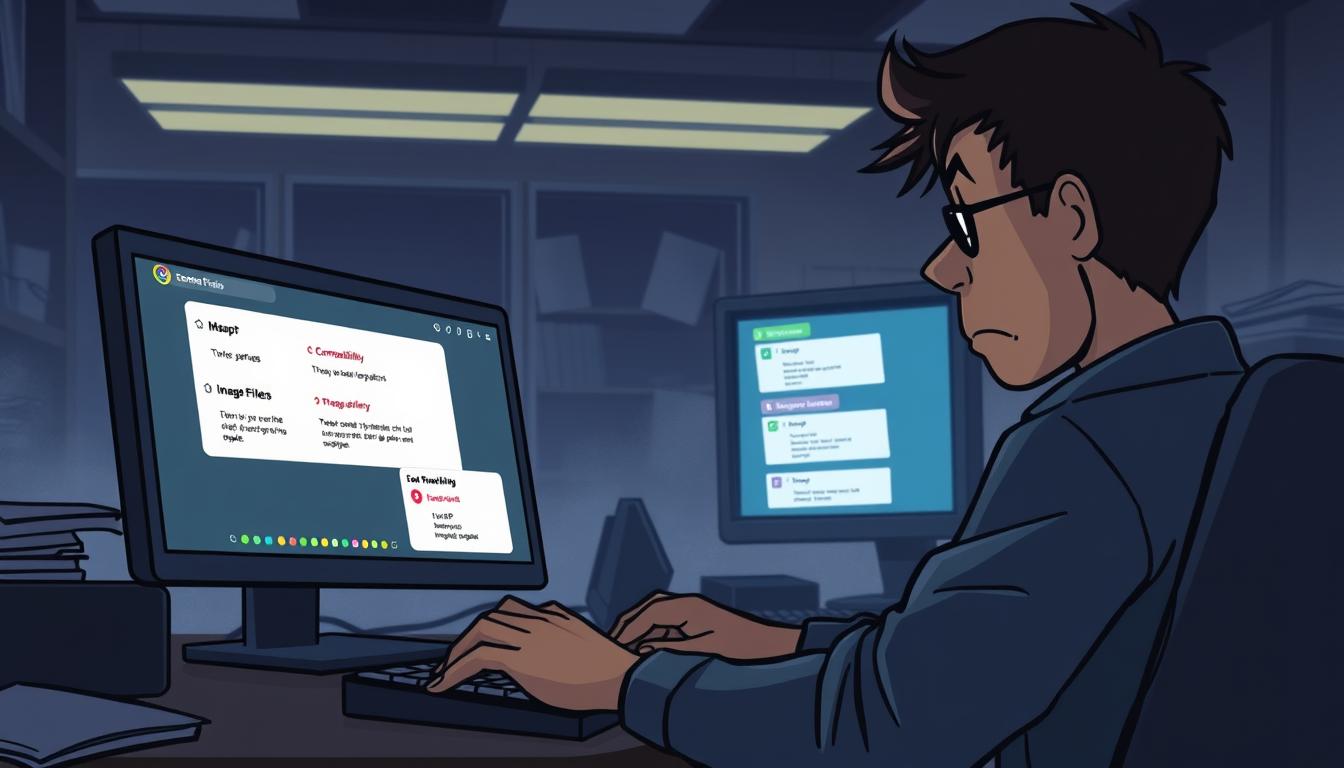 A dimly lit office workspace, with a frustrated software developer staring intently at a computer screen displaying various WebP file formats. The foreground showcases the developer's hands typing furiously on the keyboard, while the middle ground depicts the screen showing compatibility issues with different image file types. The background is hazy, with subtle hints of disorganized papers and office equipment, creating a sense of technical complexity and challenge. The overall mood is one of problem-solving, with a touch of tension and determination to overcome the WebP compatibility hurdles.